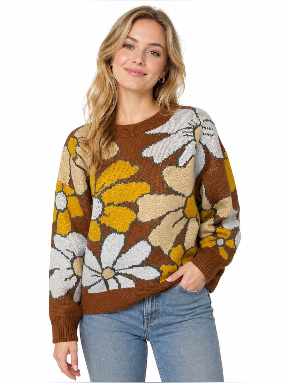 Pink Lily Brown Floral Crewneck Sweater with Yellow & Cream Blooms